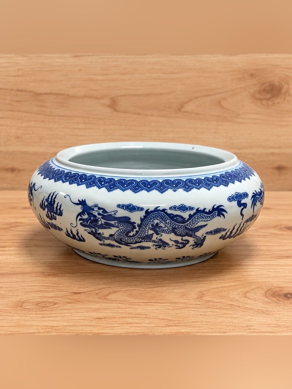Chinese Blue White Porcelain Dragon Censer Bowl Qianlong Reign Mark Vintage 7”